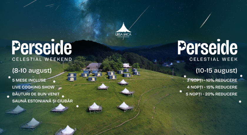 PERSEIDE Celestial Experience | Pachet special cu reduceri pentru 3, 4 sau 5 nopți | Bungalow premium | Toate mesele incluse | Sauna & Ciubar