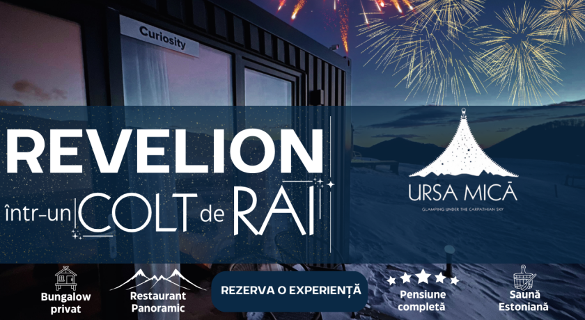 REVELION sub Cerul Carpaților – An Nou într-un Colț de Rai | DEMIPENSIUNE | Cina Festiva | Sauna